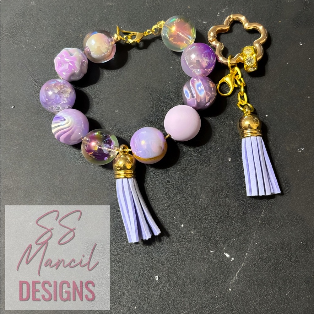 Lavender Beaded Bracelet with Tassel Charm and Keychain Set